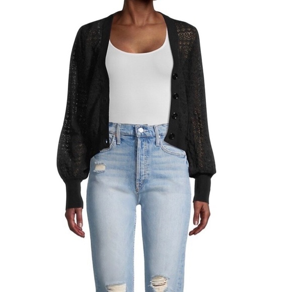 Minnie rose Women’s Puff-sleeve Open-weave button down Cardigan in Black S/M